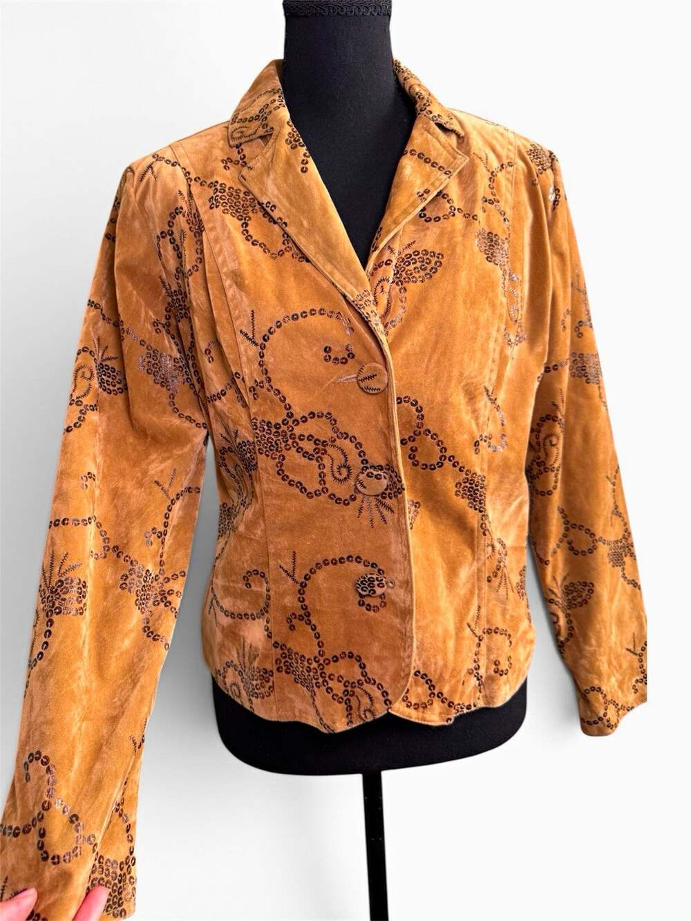Bamboo Traders Tan Faux Suede Sequined Leopard Paisley Jacket Womens Petite M